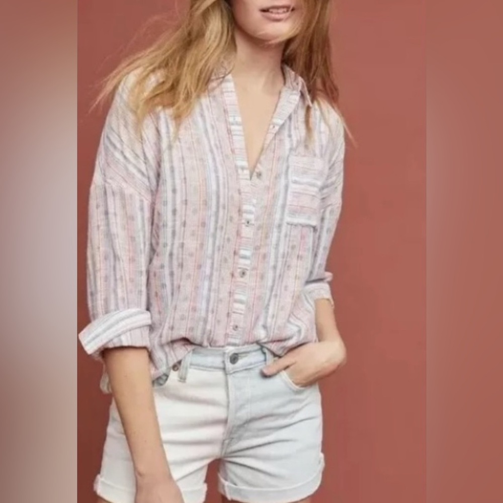 Anthropologie Maeve Striped Button Down Tunic Shirt Oversized Size Large
